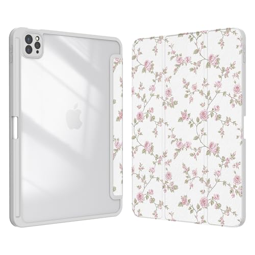 Xkladz Case for iPad Air 13 Inch M3 2025/M2 2024, iPad Pro 12.9 inch 6th /5th /4th/ 3rd Generation (2022/2021/2020/2018), Stand Case Cover with Pencil Holder/Clear Back, Auto Sleep/Wake, Pink Flower - Image 1