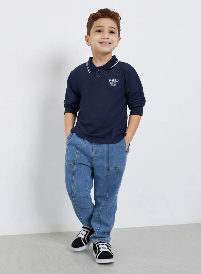 Styli Embroidered Detail Long Sleeve Tipped Polo T-Shirt