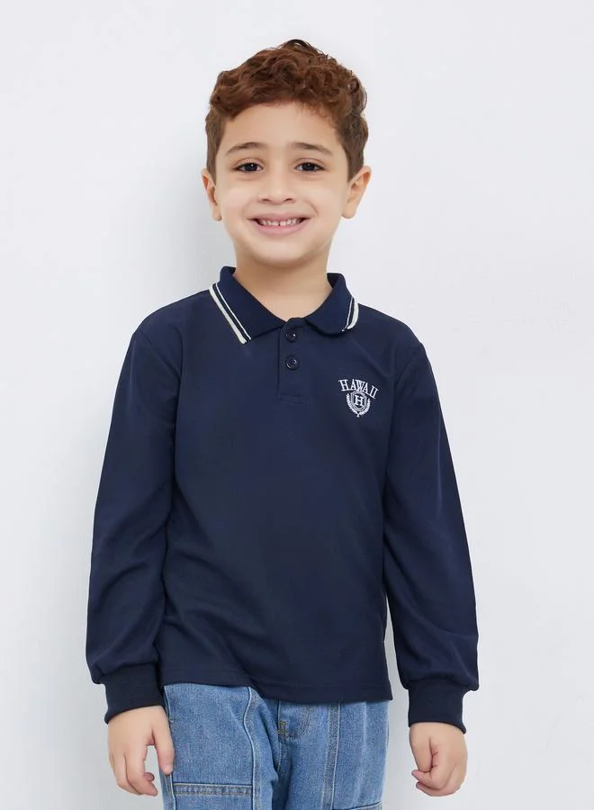 Styli Embroidered Detail Long Sleeve Tipped Polo T-Shirt