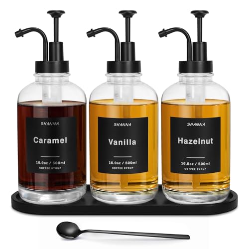 Coffee Syrup Dispenser for Coffee Bar 169oz 500ml Glass Syrup Dispenser w Black Coffee Scoop Coffee Syrup Pump Dispenser w 36 Labels and Bamboo Tray Coffee Syrup Bottles with Black Pump 3PCS