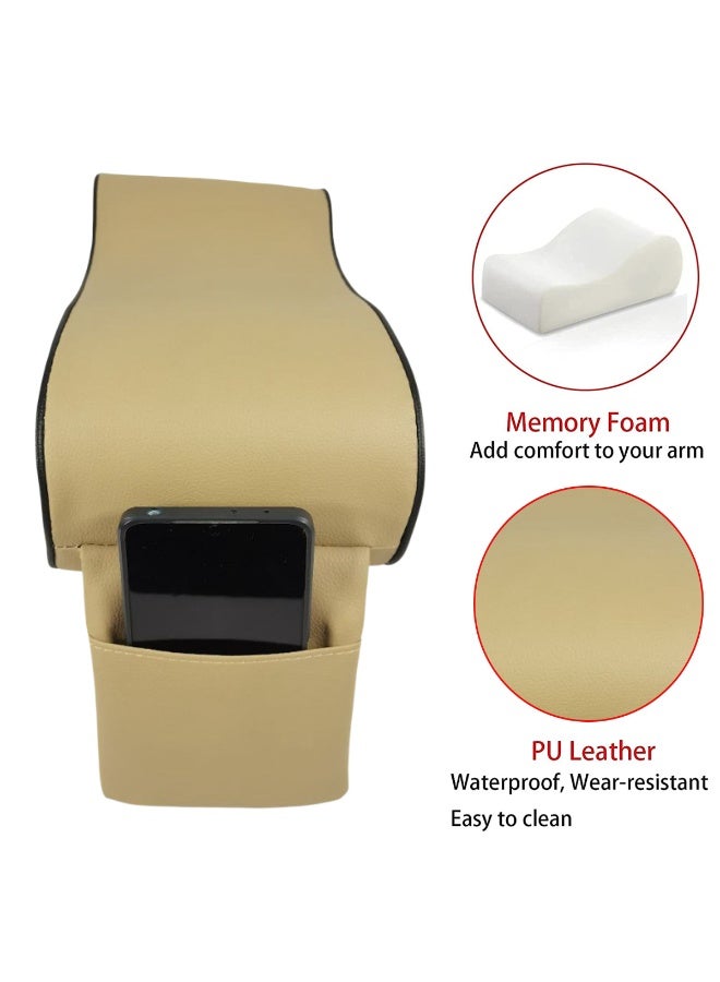 MOB Car Armrest Cushion with Memory Foam – PU Leather Universal Arm Rest Pad with Mobile Pocket, Adjustable Straps & Anti-Slip Base for Car Center Console Support (Beige & Black) - Image 3