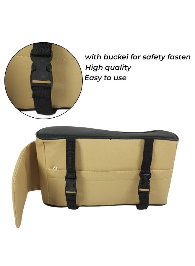 MOB Car Armrest Cushion with Memory Foam – PU Leather Universal Arm Rest Pad with Mobile Pocket, Adjustable Straps & Anti-Slip Base for Car Center Console Support (Beige & Black) - Image 4