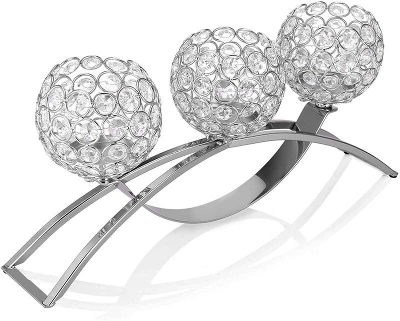 Suprwin Crystal Candle Holders, 3 Arms Crystal Candelabras, Coffee Table Decorative Centerpieces for Living Room,Dinning Room Christmas Decoration, Wedding Decor,Home Decor,Wedding Gifts(Silver) - Image 1
