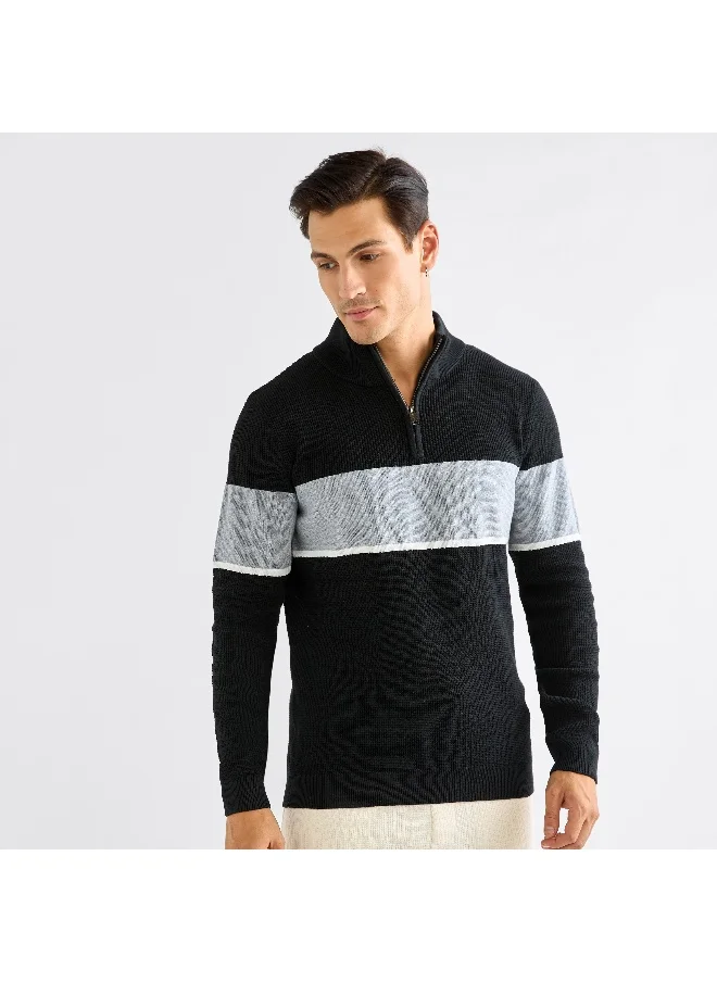 FAV Colourblock High Neck Sweatshirt with Long Sleeves and Zip Closure