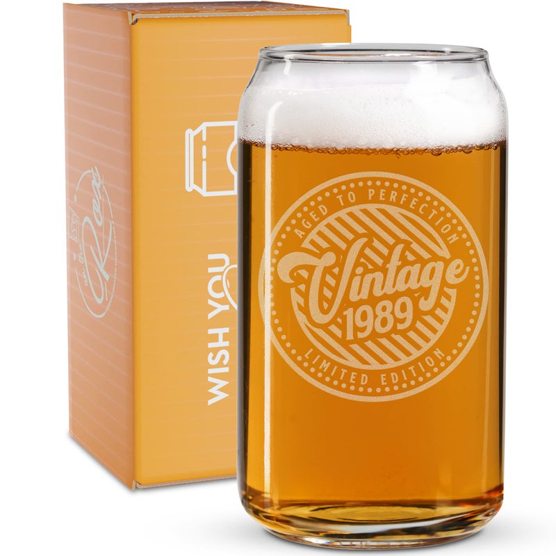 Aged to PERFECTION 1989 Birthday Gifts 35th Birthday Gifts for Women Men Born in 198916 Oz Engraved Vintage Beer Can Glass For 35 Year Old Back in the Day 1989 Bday Card and Candy Decorations