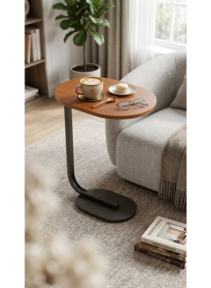 C-Shaped Small Side Table with Wooden Top and Metal Frame, Modern Tea & Coffee Table - Image 2