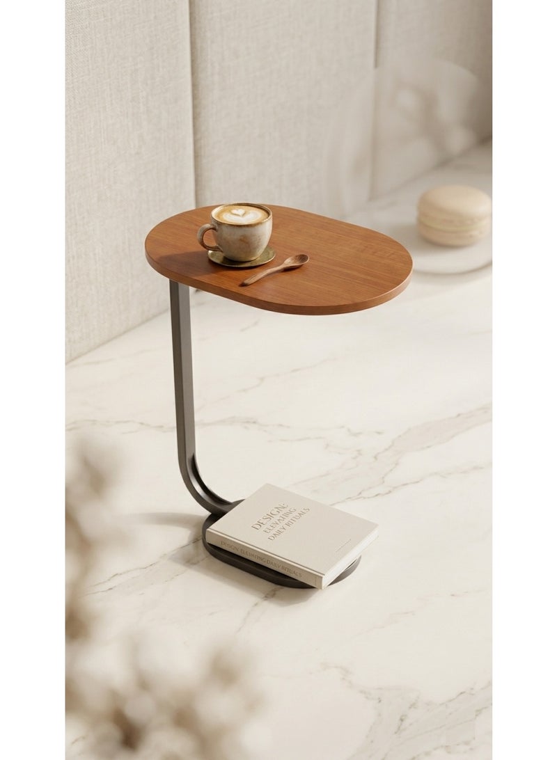 C-Shaped Small Side Table with Wooden Top and Metal Frame, Modern Tea & Coffee Table - Image 3