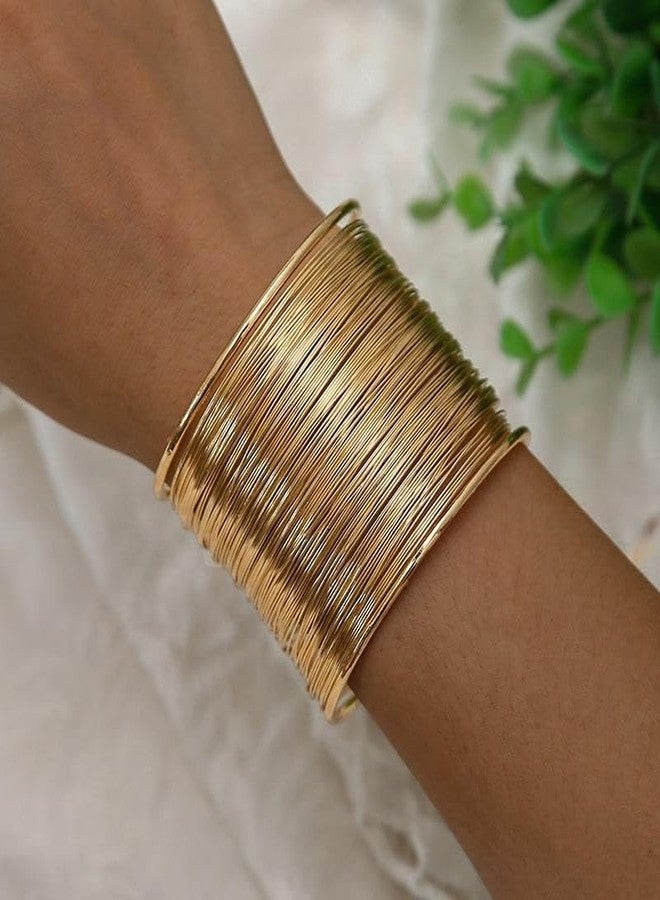 Okos Gold Plated Multi-Layer Wire Cuff Bracelet for Women & Girls - Wide Open Bangle Statement Bracelet - Lightweight Fashion Jewelry for Party & Casual Wear BR1000077GLD - Image 4