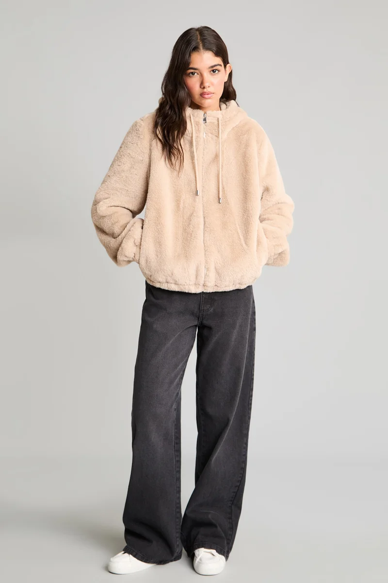 Defacto  Regular Fit Hooded Faux Fur Jacket for Women | Best Price UAE