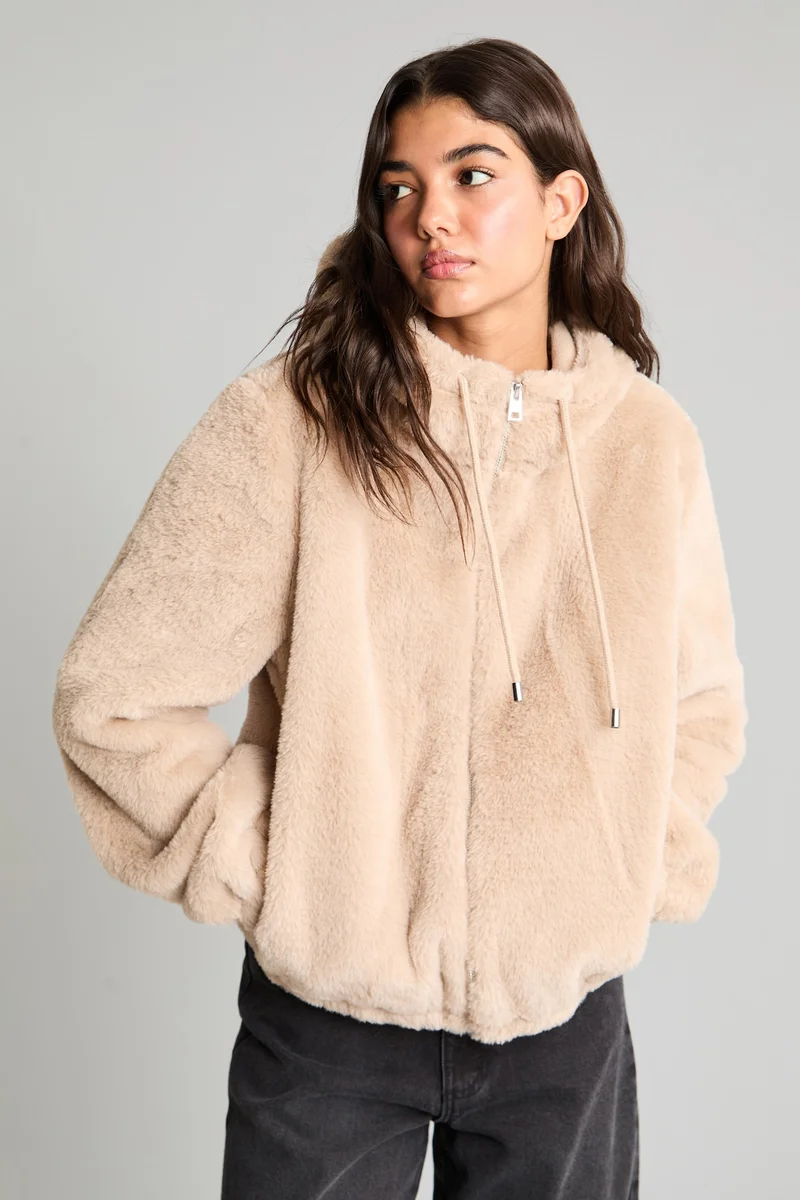 Defacto  Regular Fit Hooded Faux Fur Jacket for Women | Best Price UAE