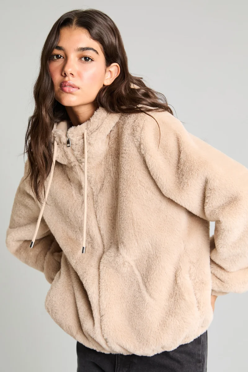 Defacto  Regular Fit Hooded Faux Fur Jacket for Women | Best Price UAE