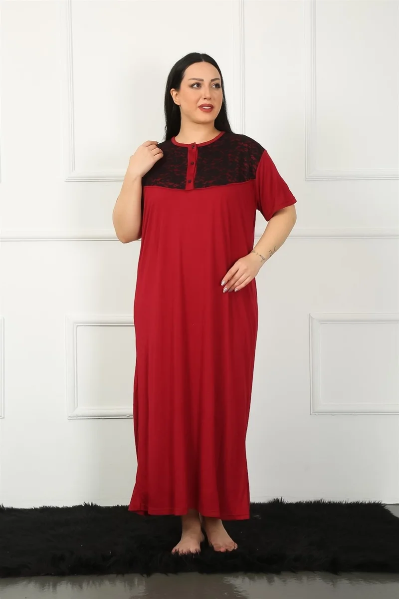 Akbeniz Big Lace Short Sleeve Claret Red Mother Nightgown 1348