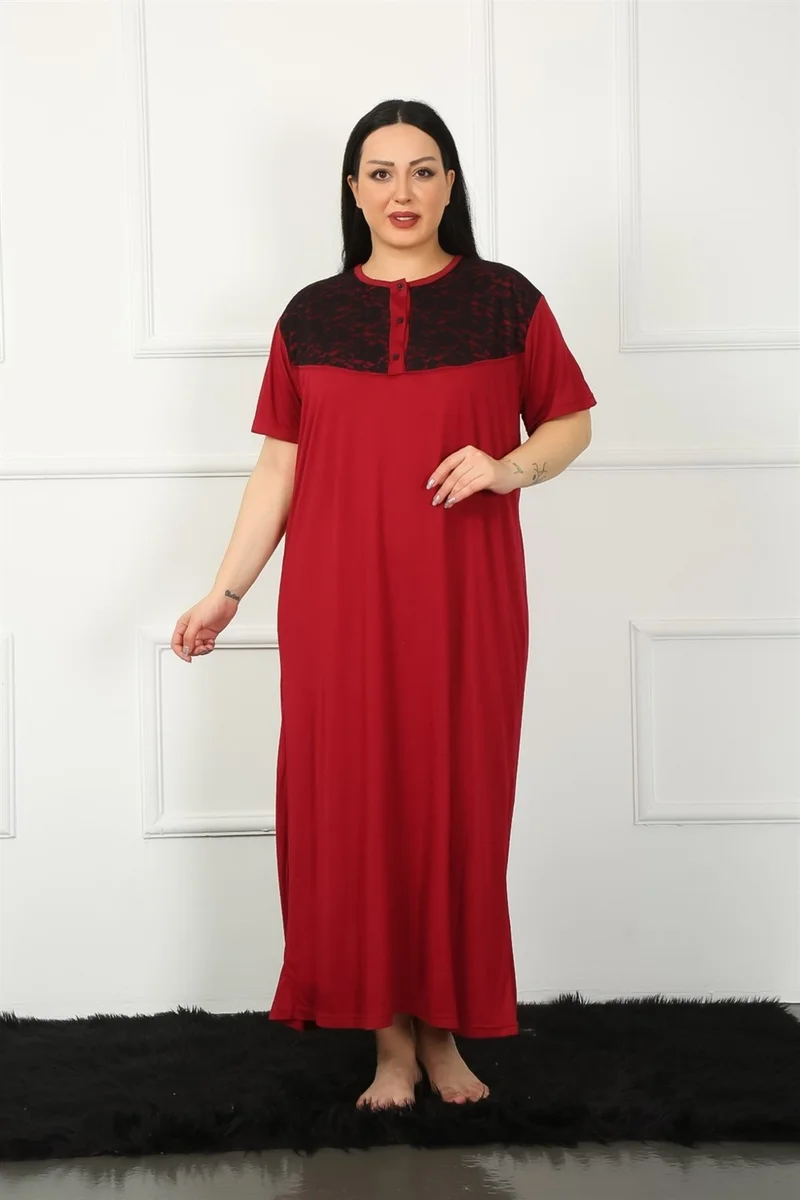 Akbeniz Big Lace Short Sleeve Claret Red Mother Nightgown 1348