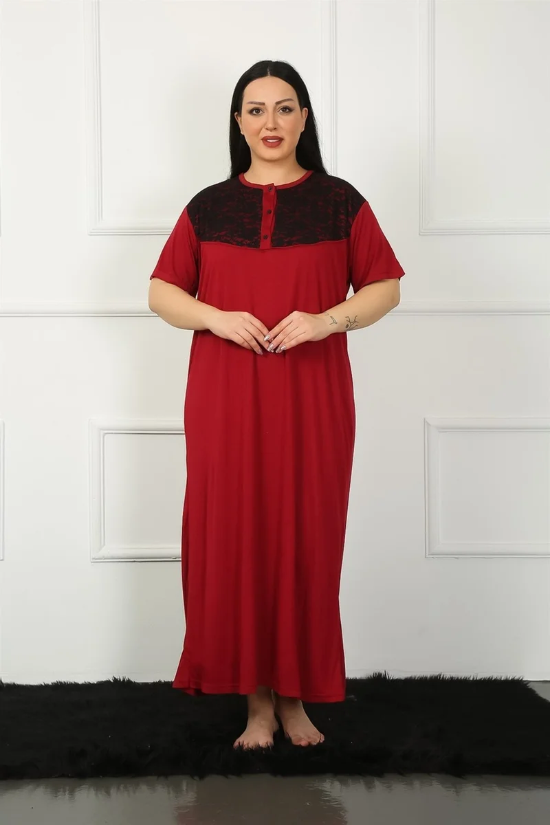 Akbeniz Big Lace Short Sleeve Claret Red Mother Nightgown 1348