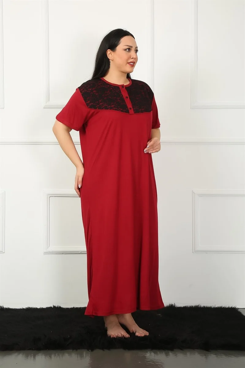 Akbeniz Big Lace Short Sleeve Claret Red Mother Nightgown 1348