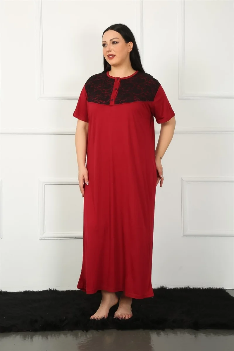 Akbeniz Big Lace Short Sleeve Claret Red Mother Nightgown 1348