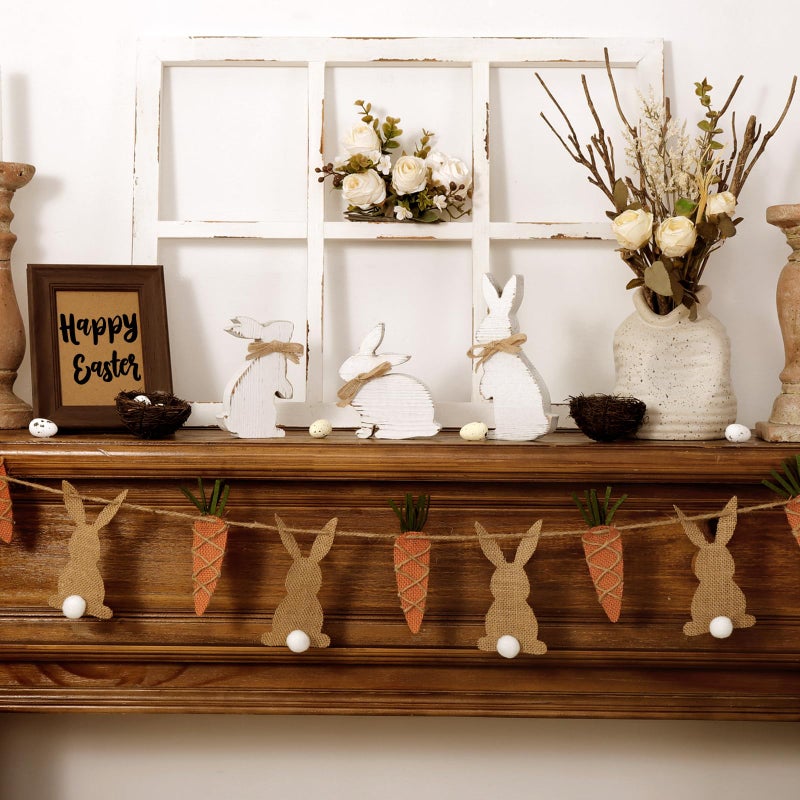 Treory Easter Decorations: 3 Pcs Rustic Bunny Wooden Table Centerpiece Signs White, Farmhouse Wood Decor Tiered Tray for Home, Vintage Gifts - Image 5