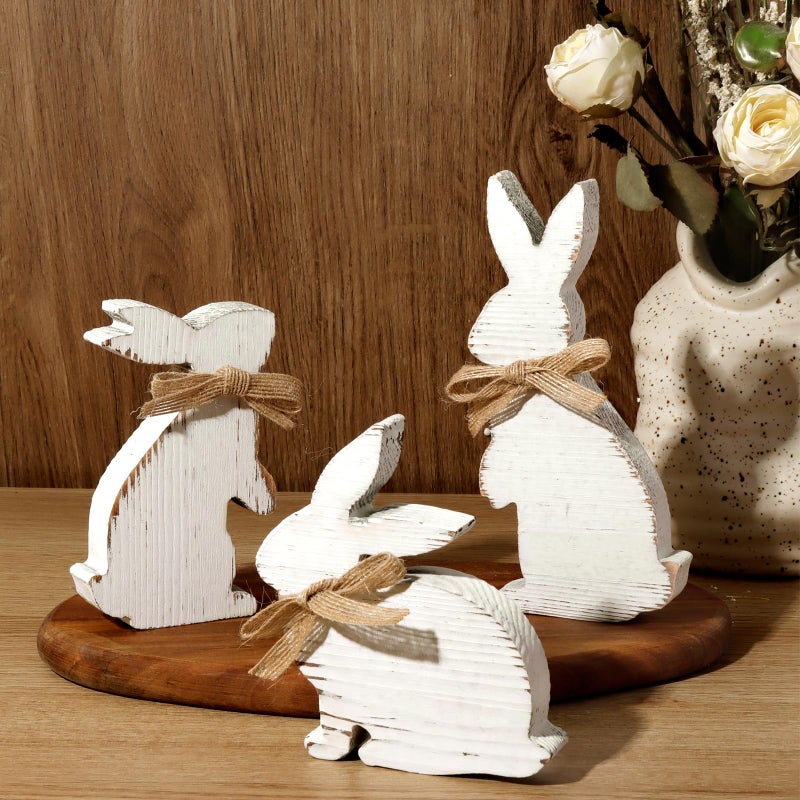 Treory Easter Decorations: 3 Pcs Rustic Bunny Wooden Table Centerpiece Signs White, Farmhouse Wood Decor Tiered Tray for Home, Vintage Gifts - Image 1