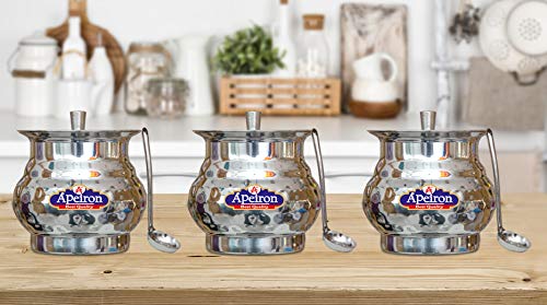 Apeiron Stainless Steel Ghee/Oil Pot with Spoon and Lid - 300 ml (Pack of 3, Lota Hammered) - Image 1