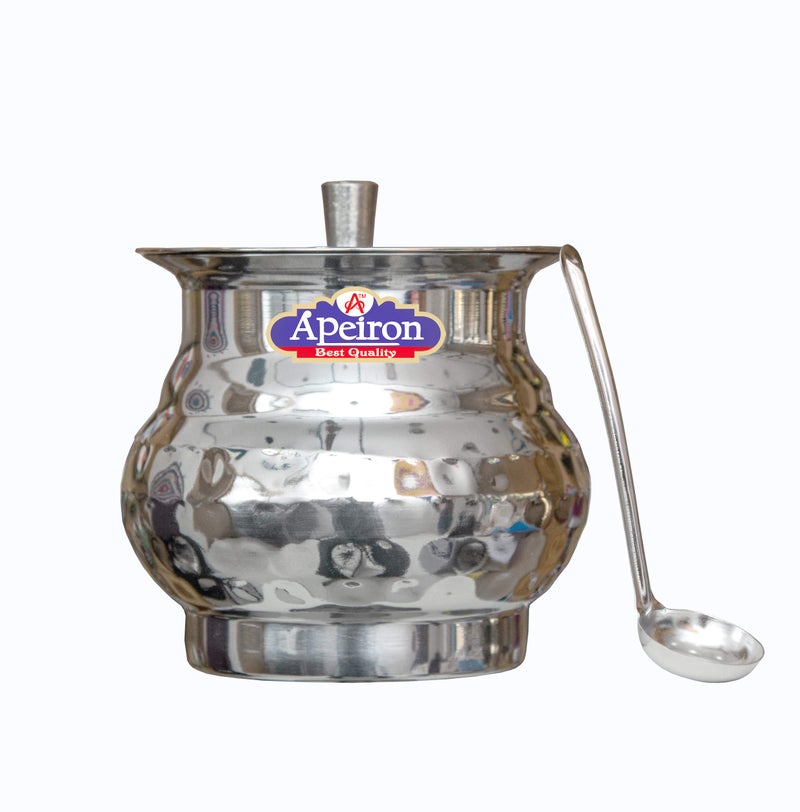 Apeiron Stainless Steel Ghee/Oil Pot with Spoon and Lid - 300 ml (Pack of 3, Lota Hammered) - Image 2