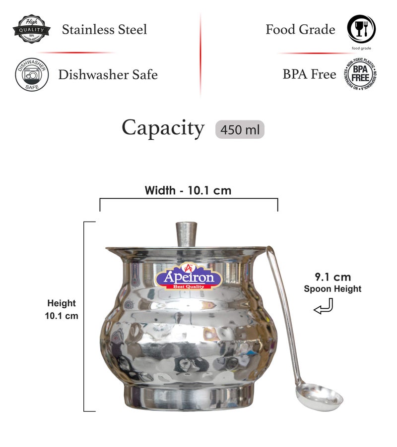 Apeiron Stainless Steel Ghee/Oil Pot with Spoon and Lid - 300 ml (Pack of 3, Lota Hammered) - Image 5