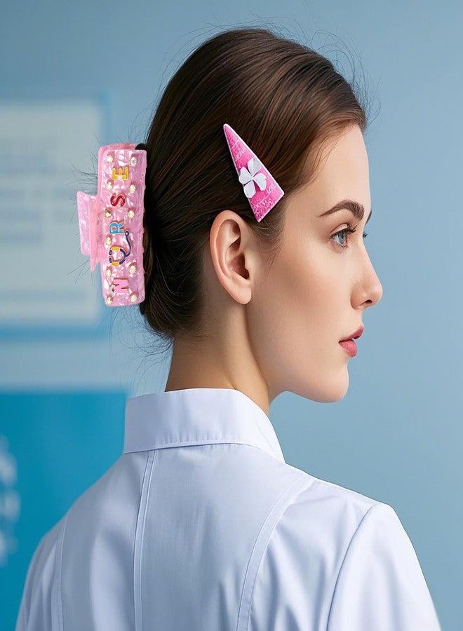 BVGA Nurses Day Hair Clips Pink Acetate NURSE Hat Stethoscope Heart Hair Claw for Women Nursing Graduation Hair Accessories Outfits Gifts(Pattern A) - Image 3