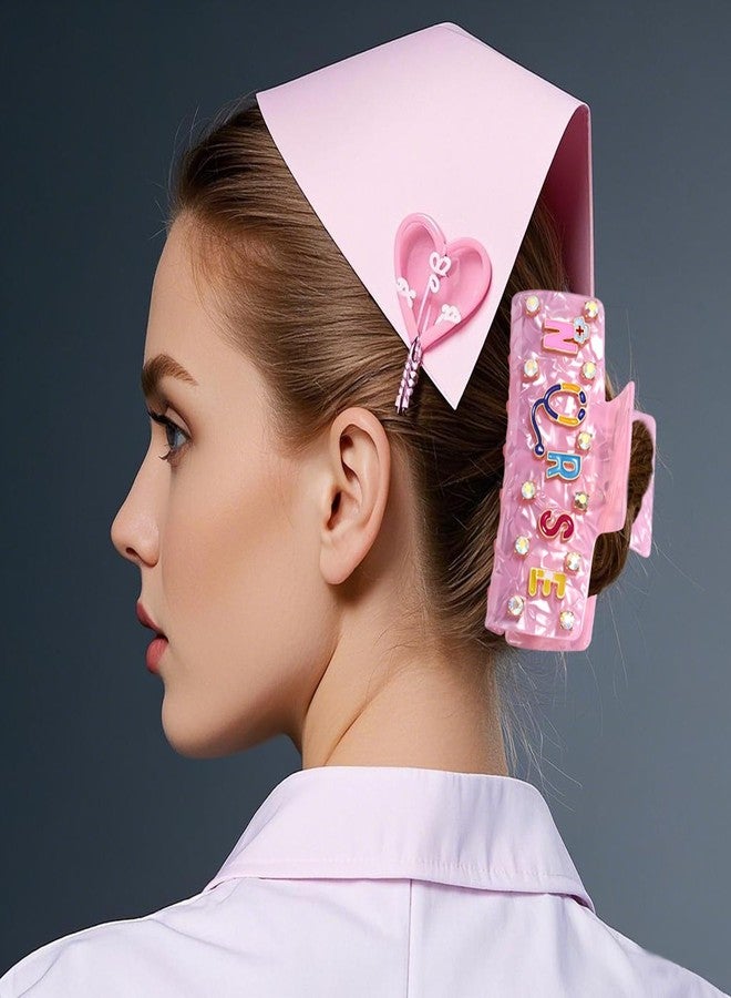 BVGA Nurses Day Hair Clips Pink Acetate NURSE Hat Stethoscope Heart Hair Claw for Women Nursing Graduation Hair Accessories Outfits Gifts(Pattern A) - Image 2