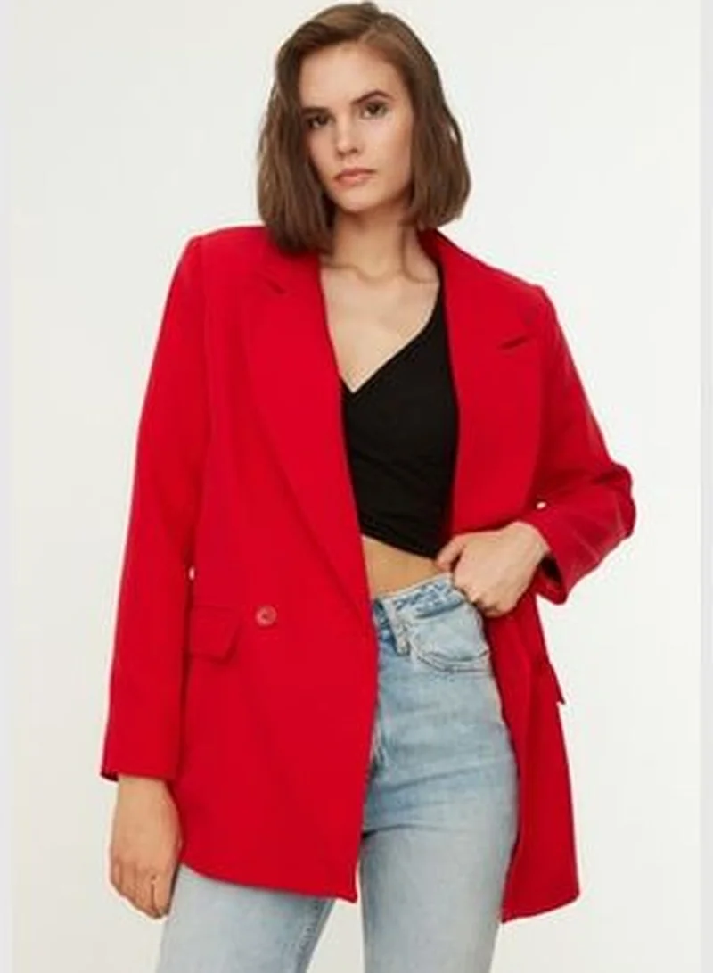 trendyol Red Regular Lined Double Breasted Blazer with Closure TWOSS20CE0059