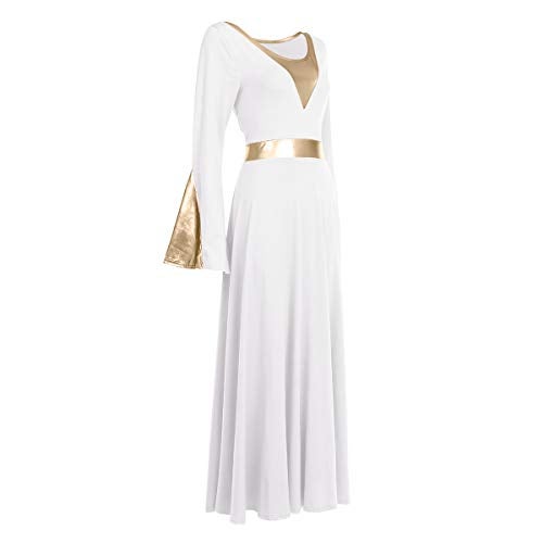 IMEKIS فستان رقص ليتورجي للنساء بلون معدني مع كتل لونية بأكمام طويلة جرسية - Image 3