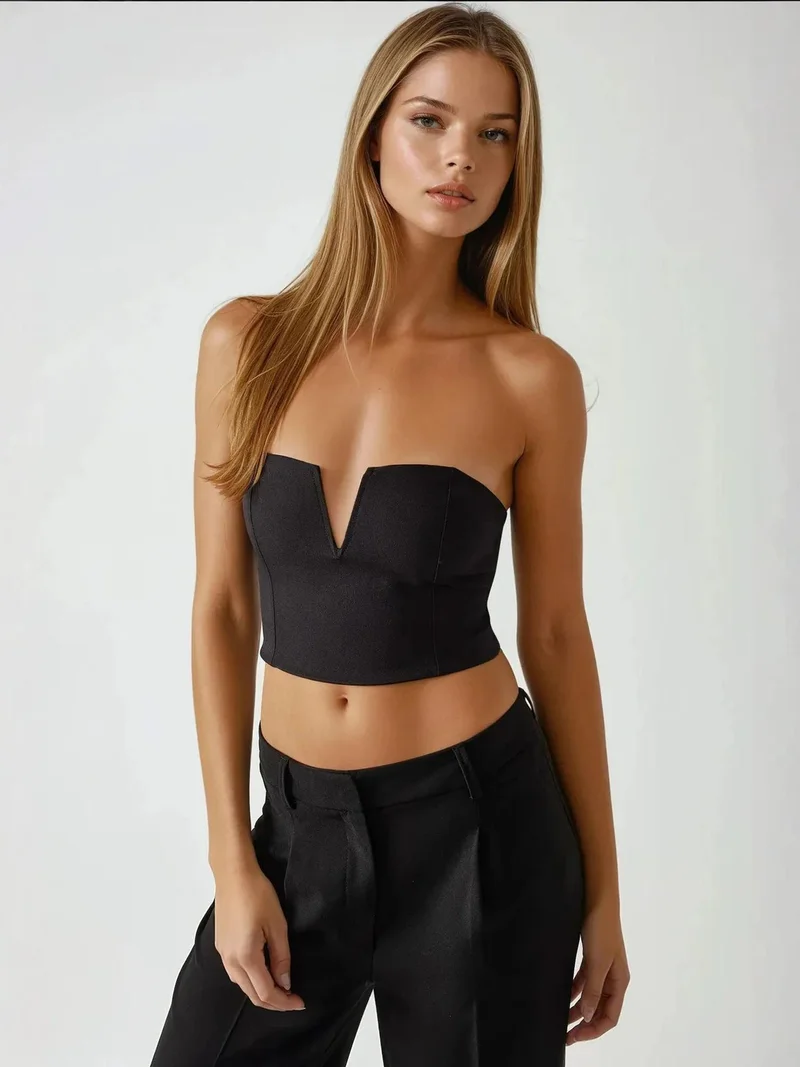 HICCUP Strapless Fitted Crop Top with Back Gathering