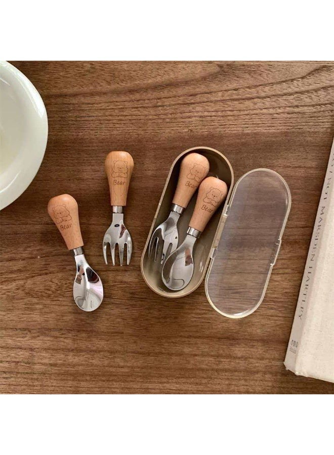 Wood Grain Handle Kids Spoon & Fork 2-Piece Set, Cartoon Bear Stainless Steel Baby Feeding Utensils with Portable Storage Case - Image 3