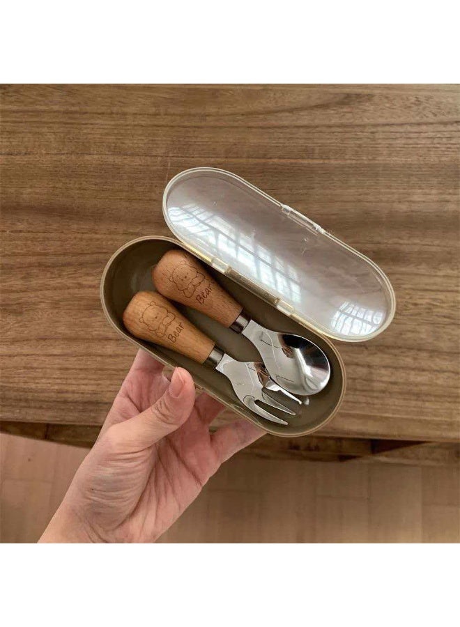 Wood Grain Handle Kids Spoon & Fork 2-Piece Set, Cartoon Bear Stainless Steel Baby Feeding Utensils with Portable Storage Case - Image 2