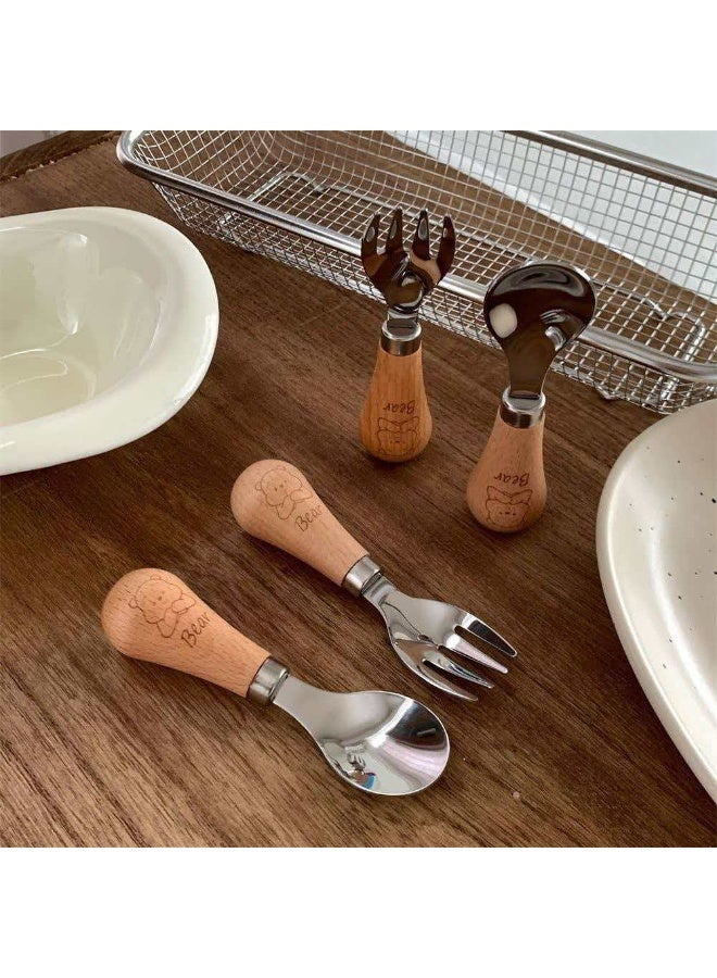 Wood Grain Handle Kids Spoon & Fork 2-Piece Set, Cartoon Bear Stainless Steel Baby Feeding Utensils with Portable Storage Case - Image 4