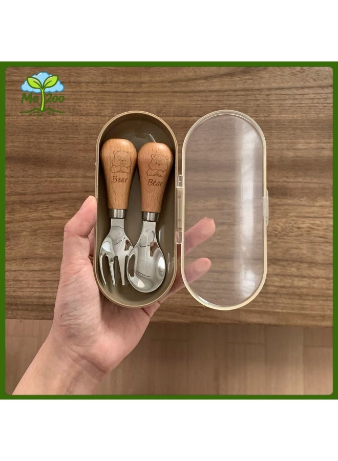 Wood Grain Handle Kids Spoon & Fork 2-Piece Set, Cartoon Bear Stainless Steel Baby Feeding Utensils with Portable Storage Case - Image 1