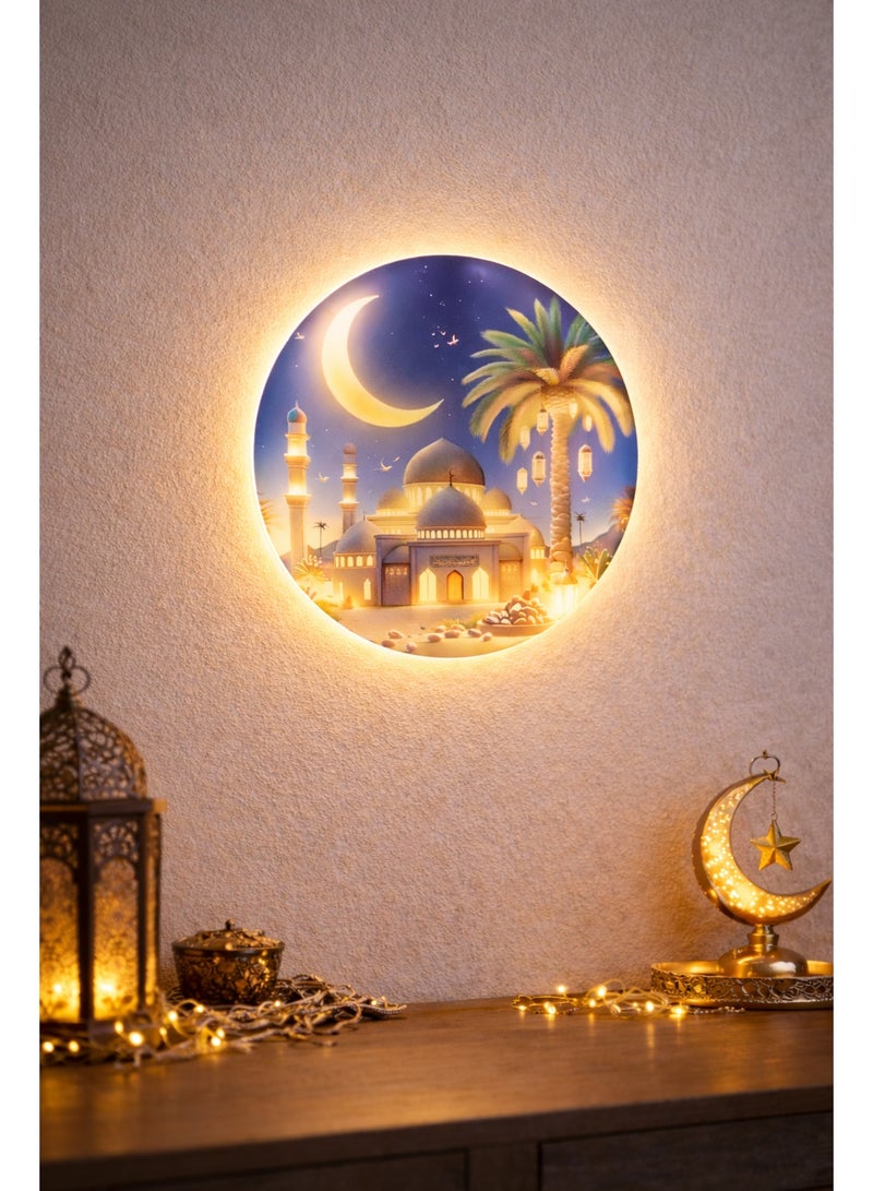إضاءة حائط ديكور رمضان – ديكور منزلي مضيء برسمة مسجد وقمر ونخيل – مقاس 30×30 سم – إضاءة سلكية تثبيت على الحائط - Image 1