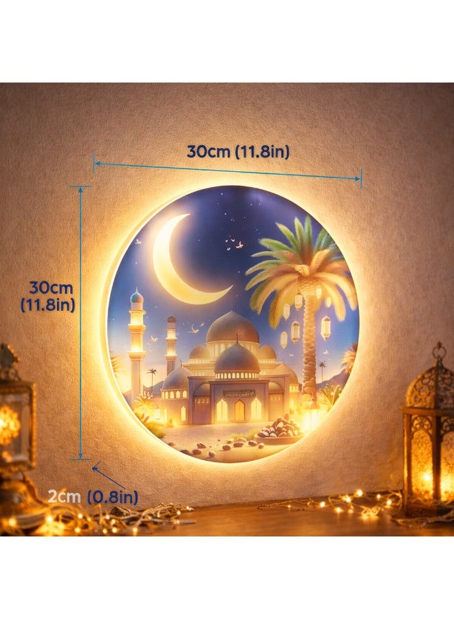 إضاءة حائط ديكور رمضان – ديكور منزلي مضيء برسمة مسجد وقمر ونخيل – مقاس 30×30 سم – إضاءة سلكية تثبيت على الحائط - Image 2