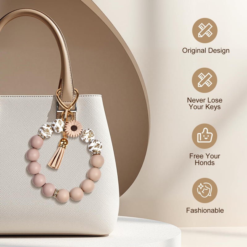 Weixiltc Silicone Bead Keychain Wristlet for Women, Charm Bracelet Key Chains, Car Key Rings Holder for Girls (Daisy Khaki) - Image 3
