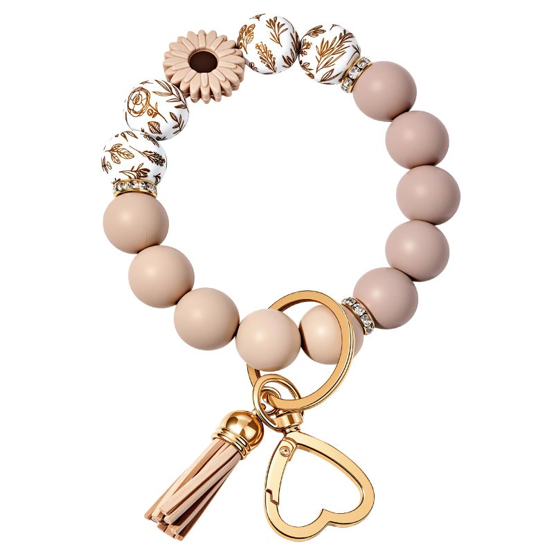 Weixiltc Silicone Bead Keychain Wristlet for Women, Charm Bracelet Key Chains, Car Key Rings Holder for Girls (Daisy Khaki) - Image 1