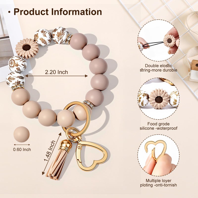 Weixiltc Silicone Bead Keychain Wristlet for Women, Charm Bracelet Key Chains, Car Key Rings Holder for Girls (Daisy Khaki) - Image 2