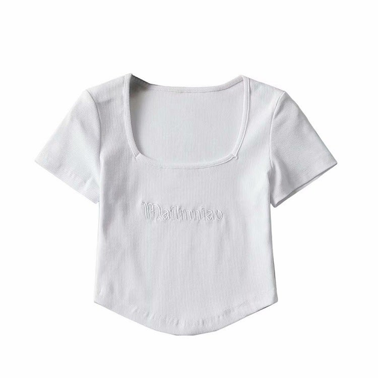 YPFF New Summer Fashion Retro Letter Embroidered Pullover Short Sleeve Square Neck Slim Fit Navel Women's T-shirt - Image 1