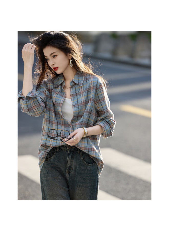 Dme Spring Autumn Breathable Pure Cotton Retro Plaid Shirt Comfortable Slimming Women's Blouse - Image 1