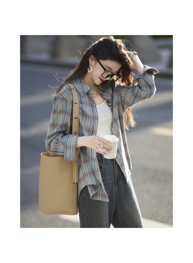 Dme Spring Autumn Breathable Pure Cotton Retro Plaid Shirt Comfortable Slimming Women's Blouse - Image 2