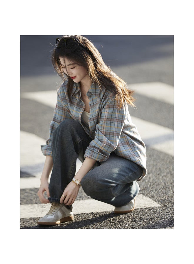 Dme Spring Autumn Breathable Pure Cotton Retro Plaid Shirt Comfortable Slimming Women's Blouse - Image 4