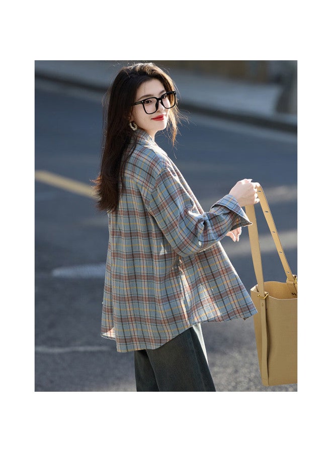 Dme Spring Autumn Breathable Pure Cotton Retro Plaid Shirt Comfortable Slimming Women's Blouse - Image 3