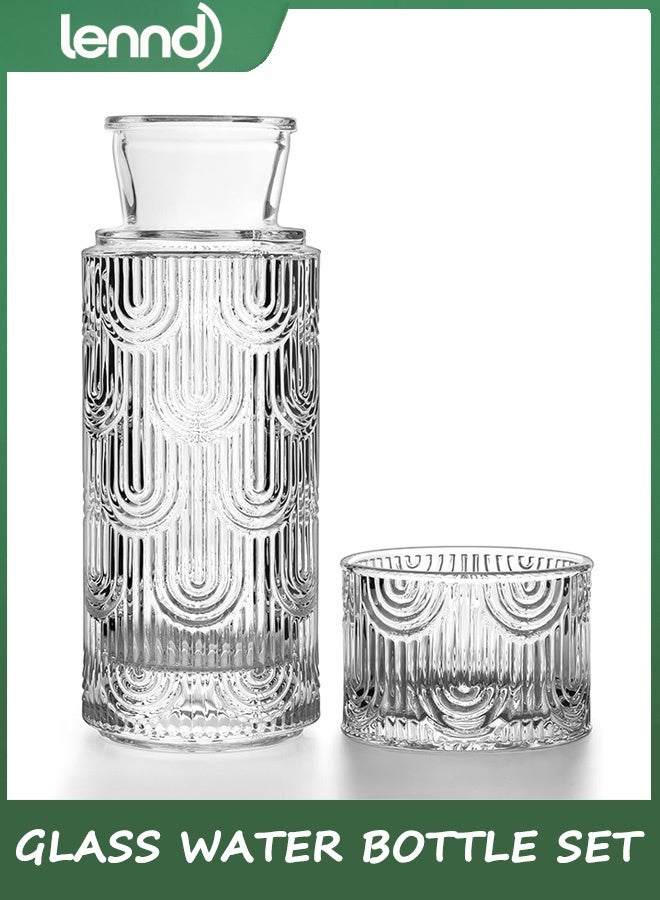LENND Glass water pitcher set, with lid, 600ml glass water bottle and 170ml drinking glass lid, suitable for bedrooms, bathrooms, hotels and restaurants, elegant juice and mouthwash containers. - Image 1