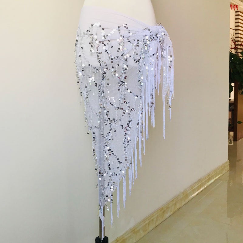In stock belly dance waist chain beginner Indian dance practice hip towel tassel sequined triangle towel belt performance waist towel White