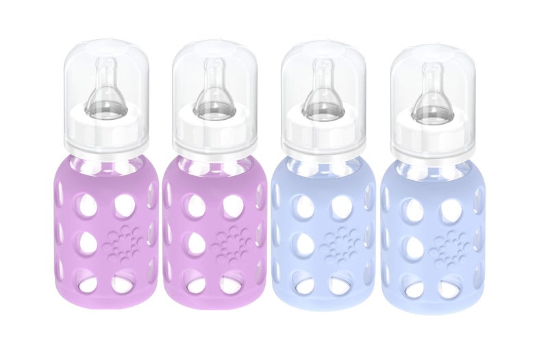 Lifefactory Glass Baby Bottles with Silicone Protection 4Pack 4 oz Each Bottle 2 Blanket 2 Lavender