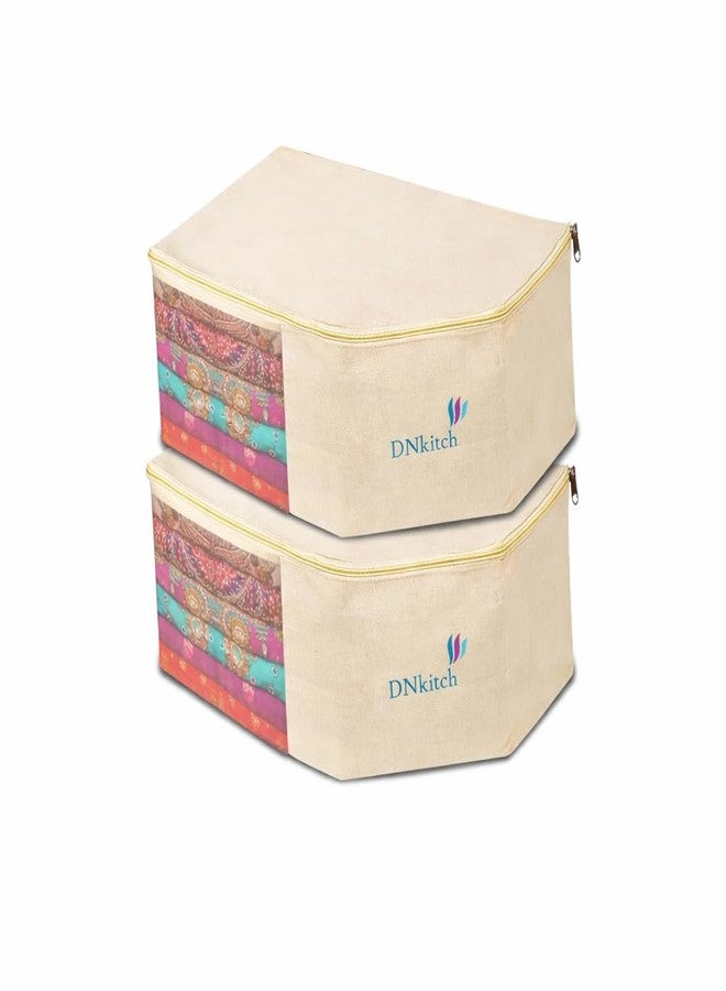 DNkitch Blouse Cover Storage Bag Cotton Canvas Saree & Blouse Organizer with Transparent Window Zip Storage Box for Wardrobe Closet Travel 38x25x17 cm (2) - Image 1