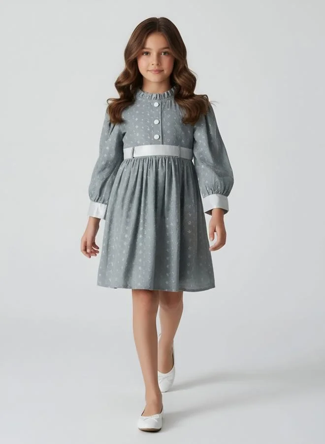 Bella Moda Girls Grey Floral Print Fit and Flare Knee-Length Dress