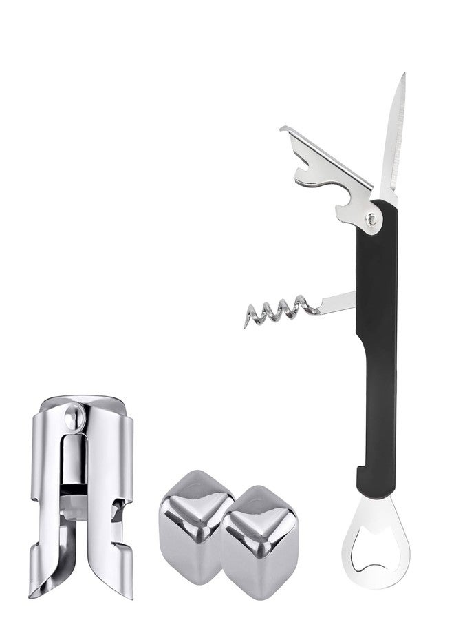 JOYUS 1 Wine Bottle Opener 3 in 1, 1 Champagne/Wine Sealer Stopper, 2 Wine Chillers Metal Ice Cube, for Waiters-Bartenders Servers, Sommelier, Restaurant, Stainless Steel Reusable, Compact Multicolor - Image 1
